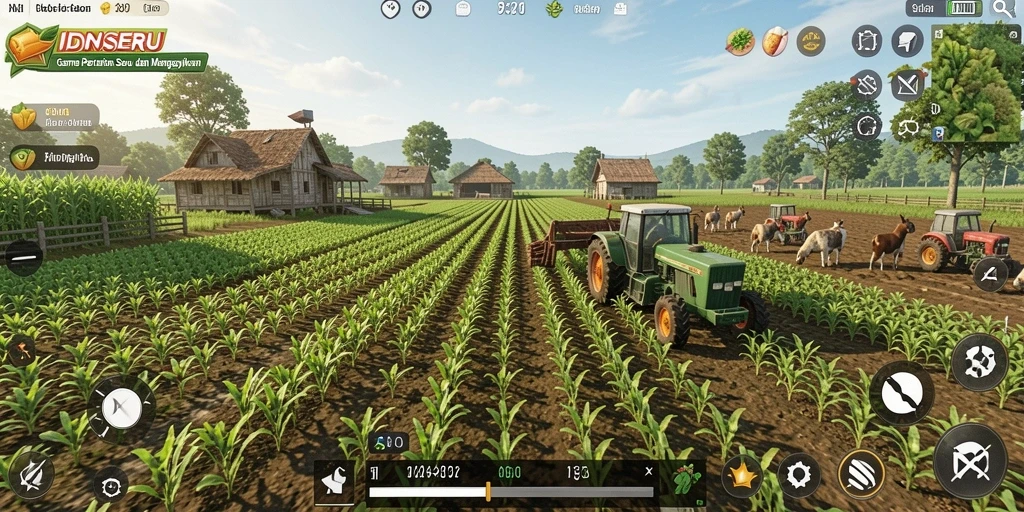 Screenshot IDNSERU menunjukkan ladang yang subur dan aktivitas bertani.