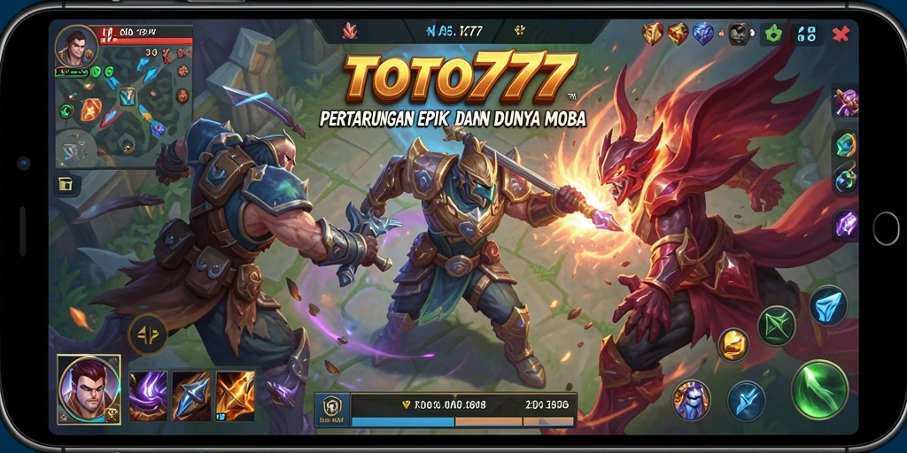 Tampilan gameplay seru dalam TOTO777, pertarungan antar karakter MOBA.